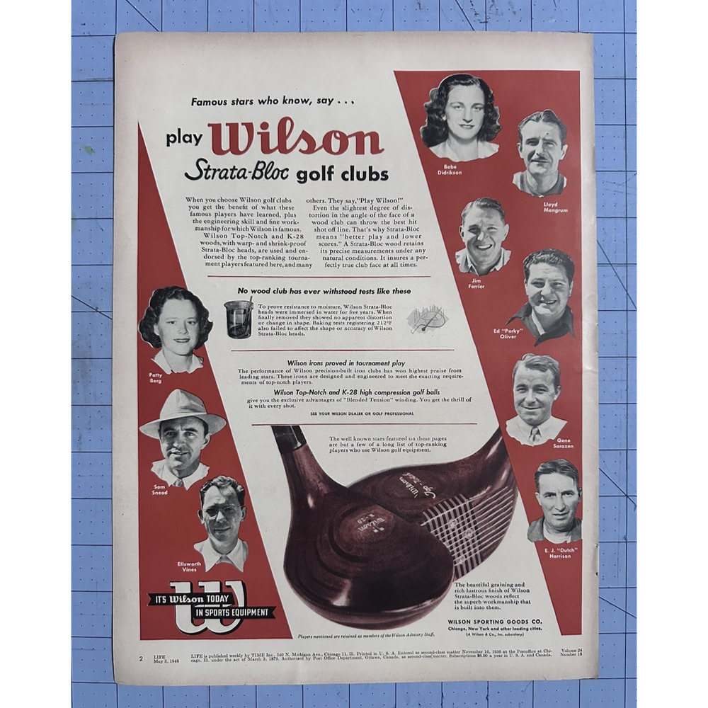 1948 Print Ad Wilson Strata-Bloc Golf Clubs Sam Snead